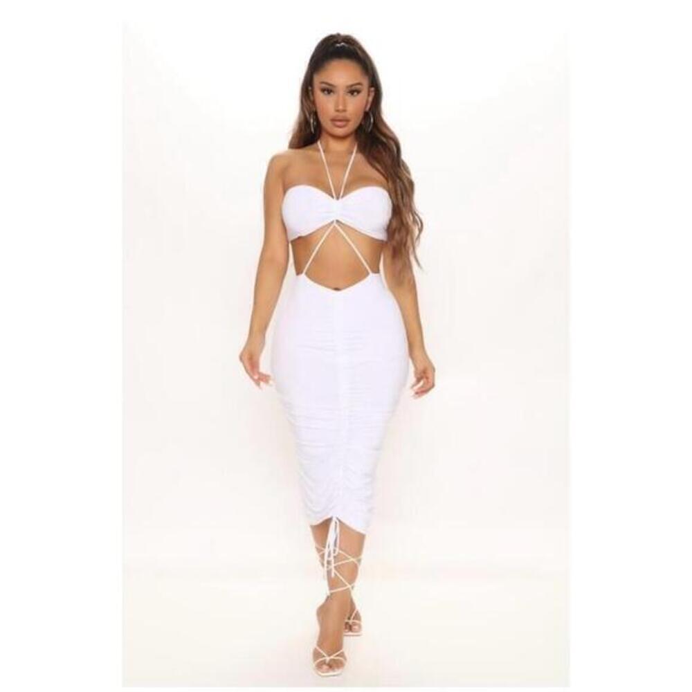 ✨ Fashion Nova “It’s The Weekend” Halter Midi Dress – White – Size S ✨